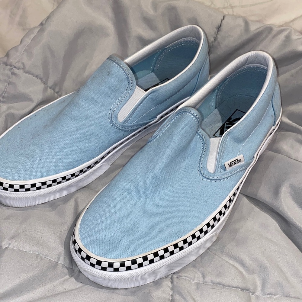 blue checkered slip on vans